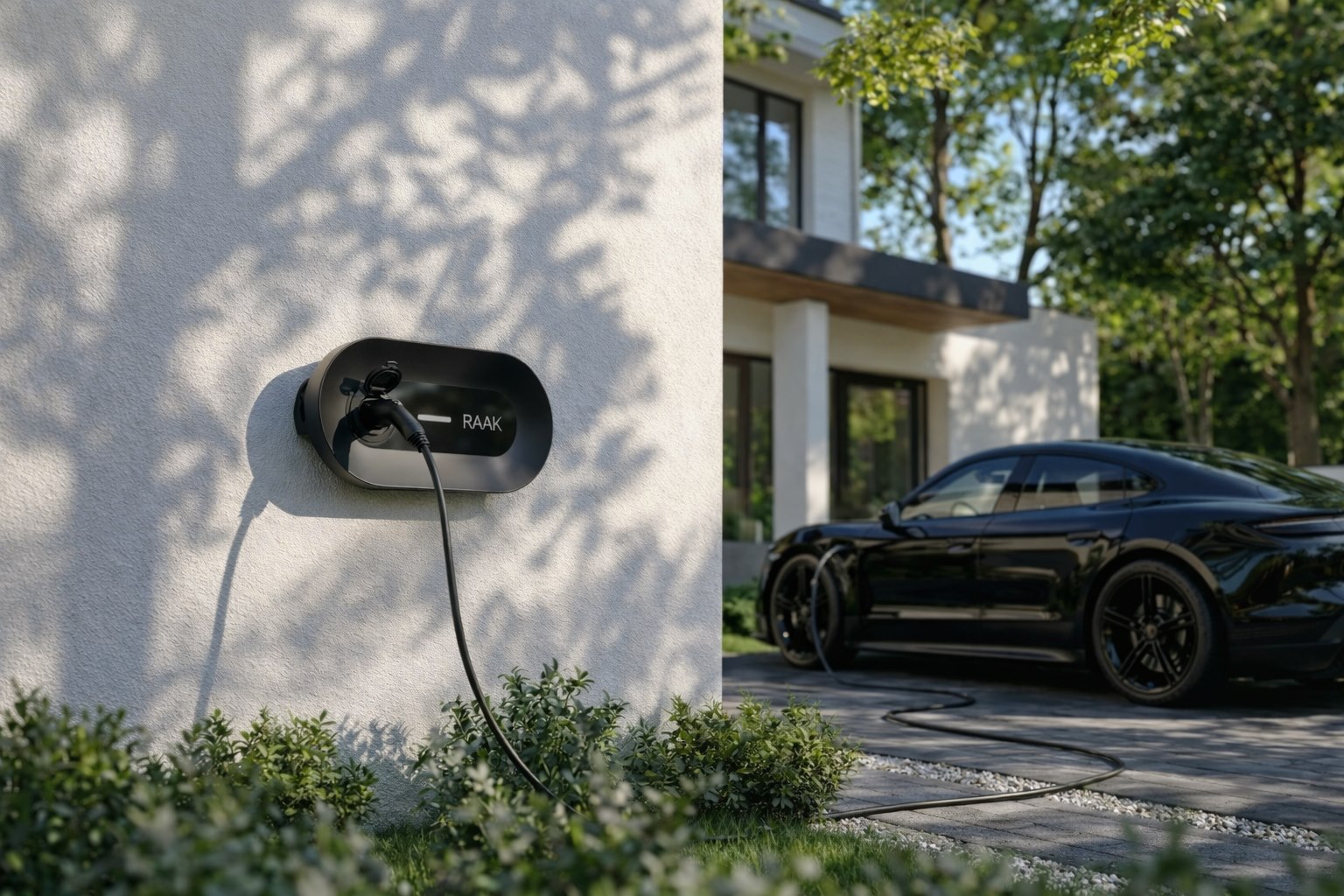 Axis charger on a white facade, charging a car in the driveway