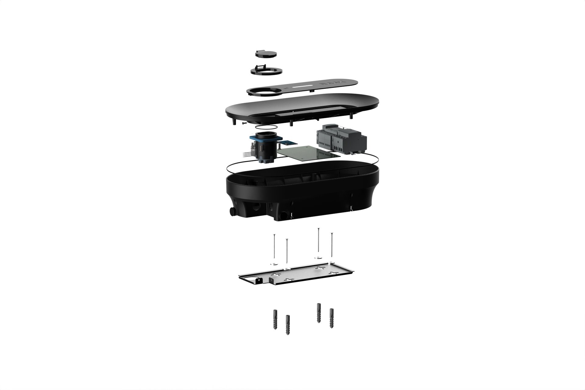 Exploded view of Axis, from front plate to wall plugs
