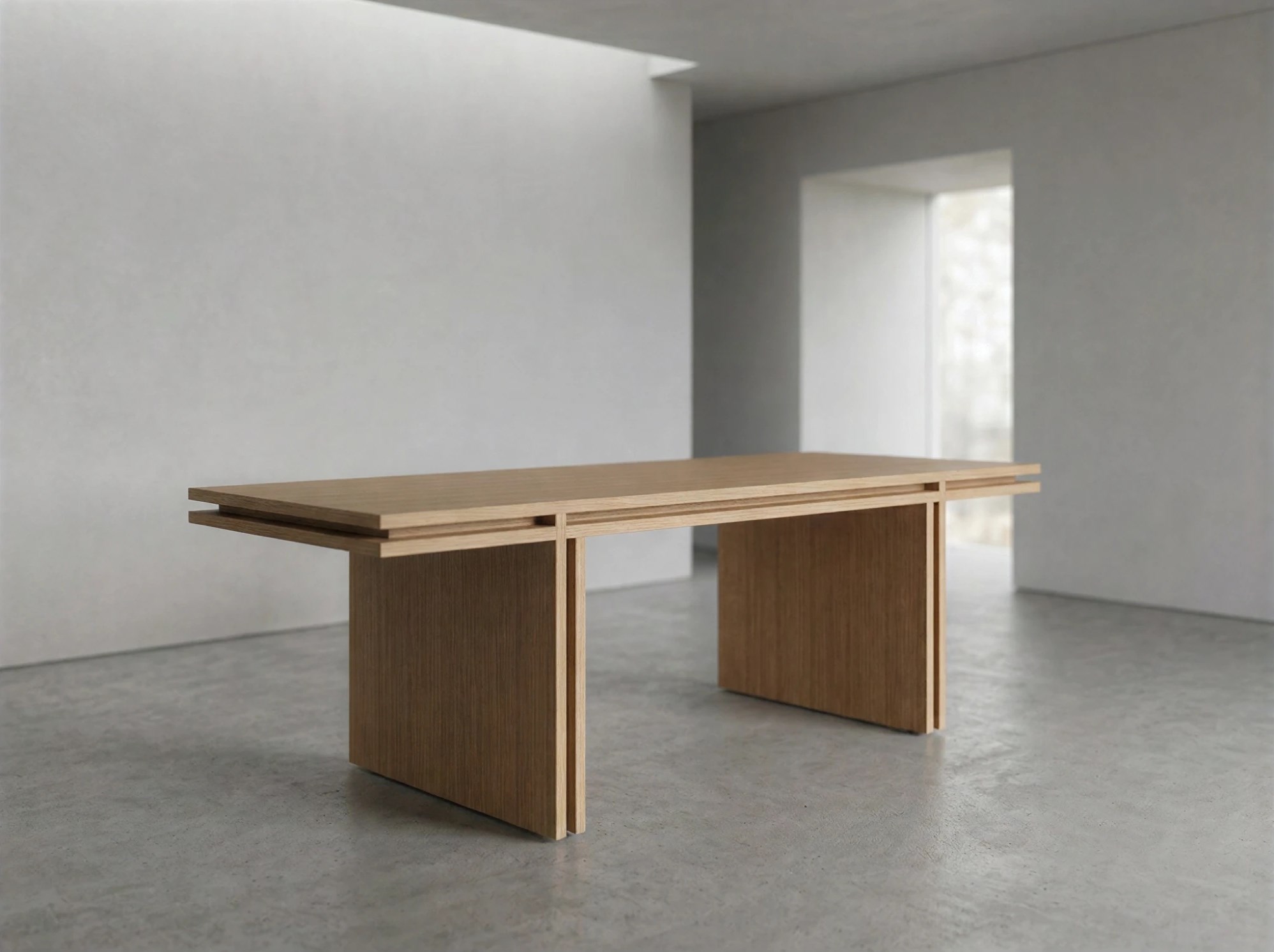 Layered dining table in a calm concrete-and-plaster room